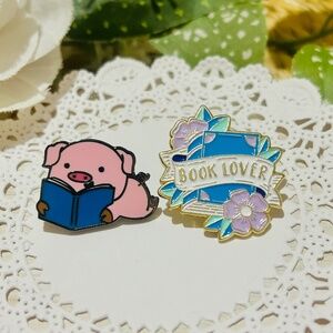 Endearing Enamel Reading Pig and Floral Book Pins for Book Lovers.